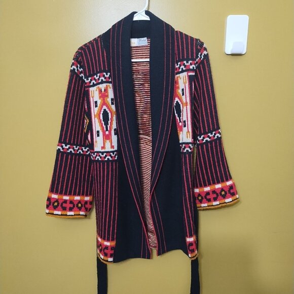 VTG 70s Sabra by Wintuk Orlon Acrylic Belted Tribal Cardigan S/M Boho Aztec - Picture 2 of 5
